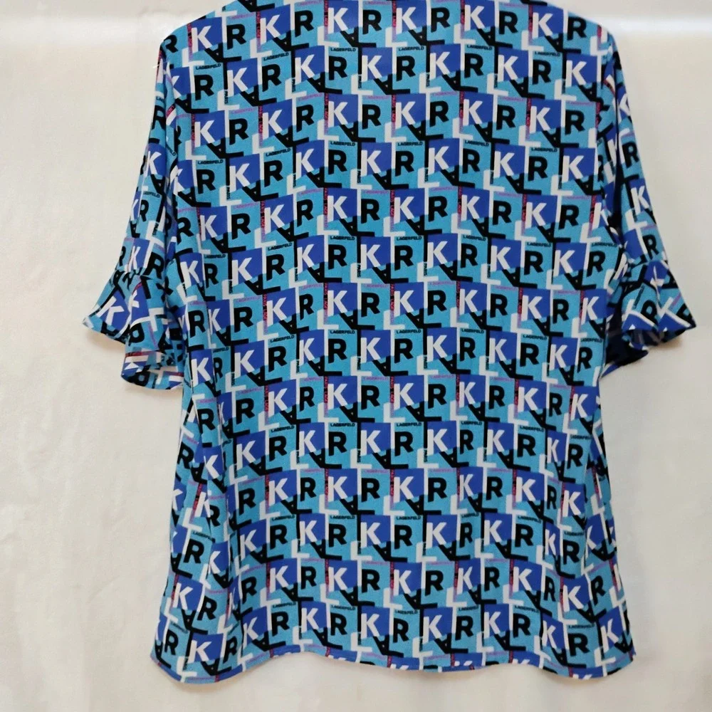 Karl Lagerfeld Paris Womens Blue Logo Print Ruffle V Neck Blouse Size Medium